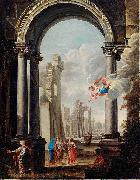 unknow artist ARCHITECTURAL CAPRICCIO WITH THE HOLY FAMILY oil painting on canvas